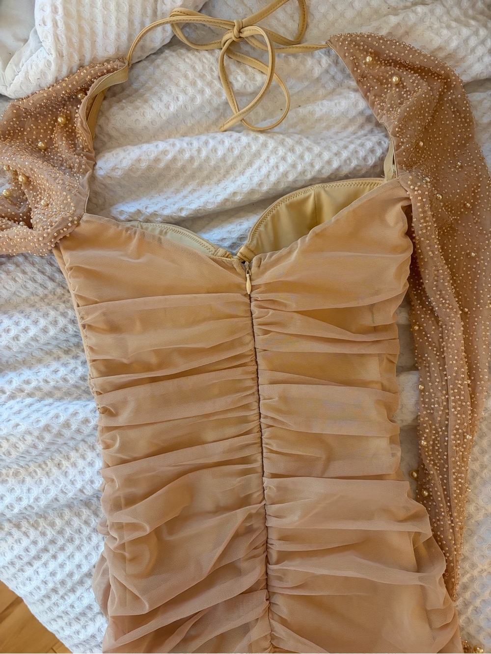 Oh Polly “St Germain” Nude Pearl-Sleeve Bodycon Mini Dress - Picture 4 of 5